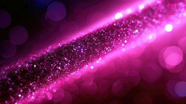 A vibrant stream of shimmering pink glitter particles illuminated by soft, glowing bokeh orbs