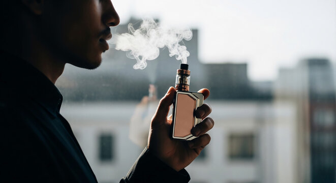 Man exhaling vapor from electronic cigarette, representing a modern habit and lifestyle choice, with urban background.