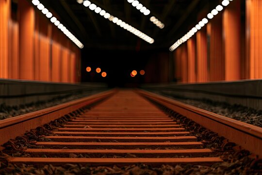 Orange-lit train tunnel recedes into darkness, track leading onward