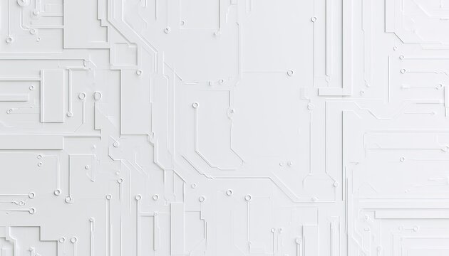 Intricate raised white circuitry pattern against a stark white background