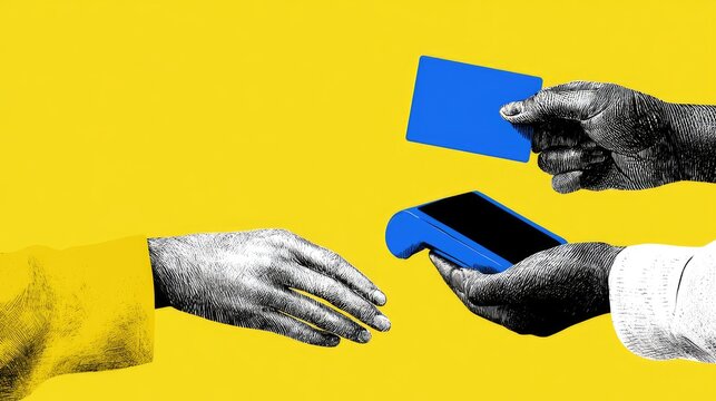Hands exchange card and device for payment on bright yellow background