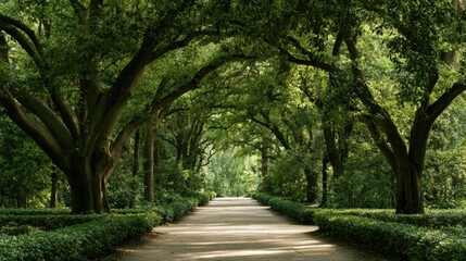 Fototapeta premium A shaded path leads through an enchanting avenue of ancient trees and manicured gardens