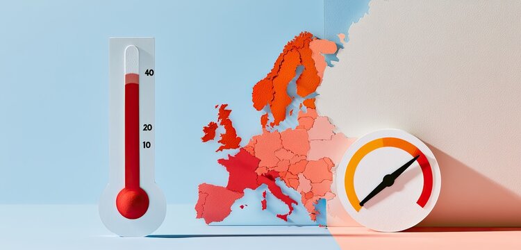 Thermometer and map of Europe showing rising temperatures