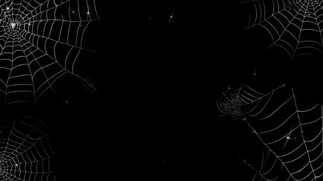 Glowing spider webs and spiders floating on black background with background sparkling effects spiders drifting slowly slowly across dark video glowing frightening with mysterious