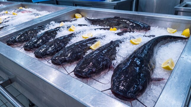 Freshly caught catfish displayed on ice with lemon slices in a seafood market