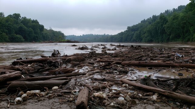 Polluted riverbank choked with debris, logs, and plastic waste