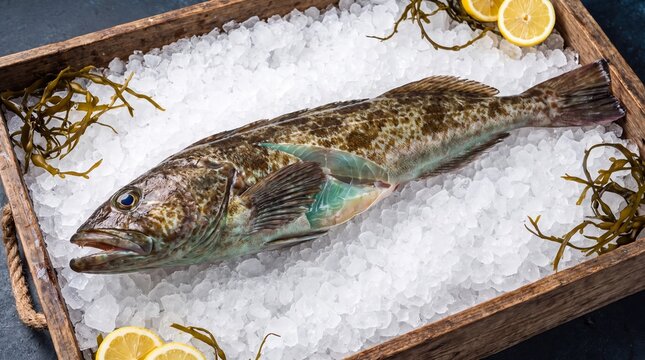 Freshly caught whole fish displayed on ice with seaweed and lemon slices for culinary purposes