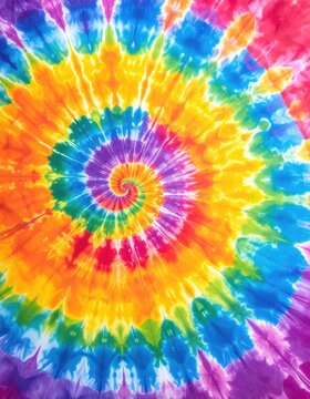 A vibrant tie-dye fabric displays a colorful spiral pattern.