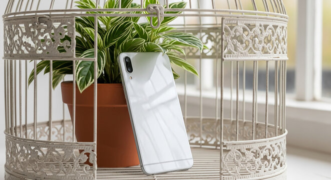 A white ornate birdcage frames a potted plant and a sleek silver smartphone, symbolizing confinement and freedom or technology in nature
