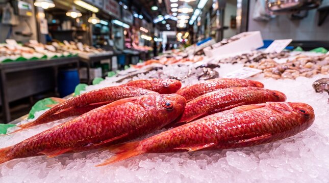 Fresh red mullet fish display on ice at busy seafood market stall close-up