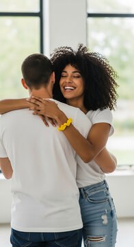 Diverse couple embracing with joy, showcasing love and connection, symbolizing happiness, unity, and partnership, perfect for lifestyle or relationship themes