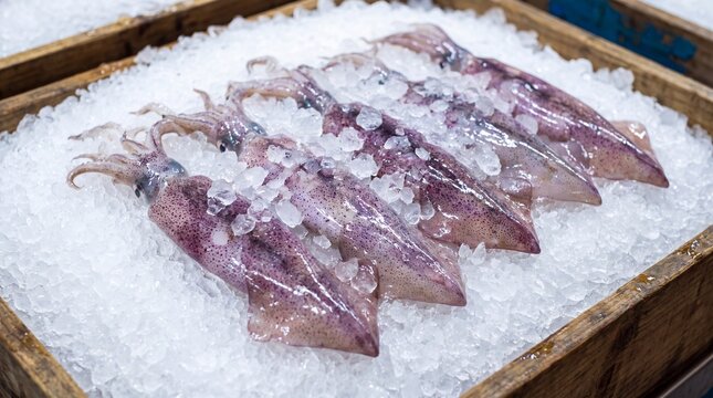 Fresh raw squid on crushed ice display in wooden crate at market