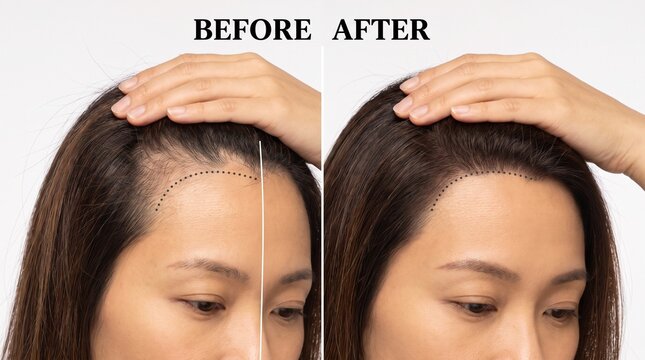 Hair restoration: Woman reveals fuller frontal hairline in a before-and-after treatment comparison