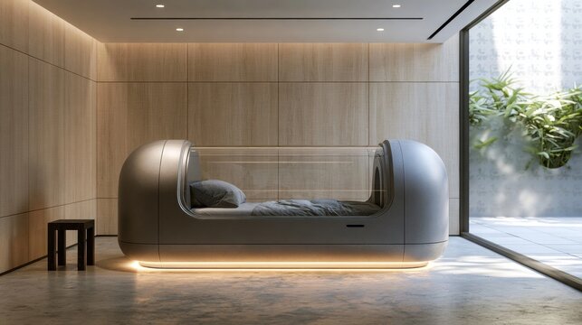 Sleek futuristic hyperbaric oxygen chamber in a serene wellness spa setting