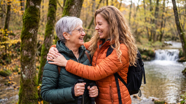 Two women embrace while hiking in a forest, surrounded by autumn foliage and a flowing stream in the background