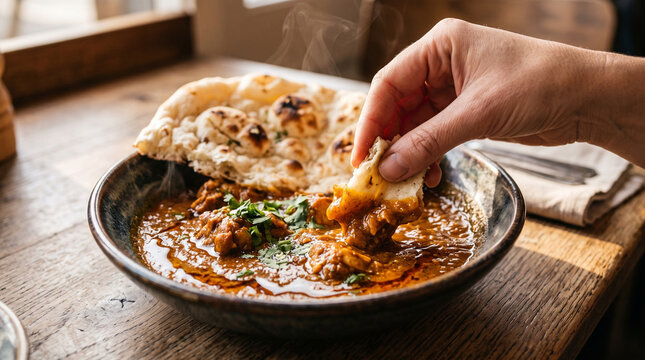 Naan bread dipping into chicken curry