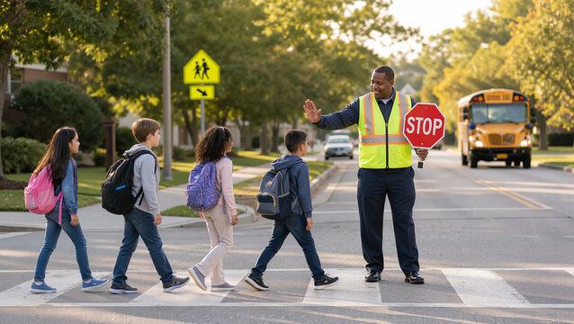 School crossing guard helping children safely cross street with stop sign in hand. Kids walk across road while school bus waits nearby. Concept of back to school safety and community support.