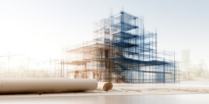 Blueprint of futuristic building construction with scaffolding and plans