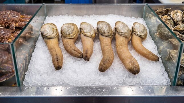 Fresh geoduck clams and oysters displayed on ice at a seafood market stall