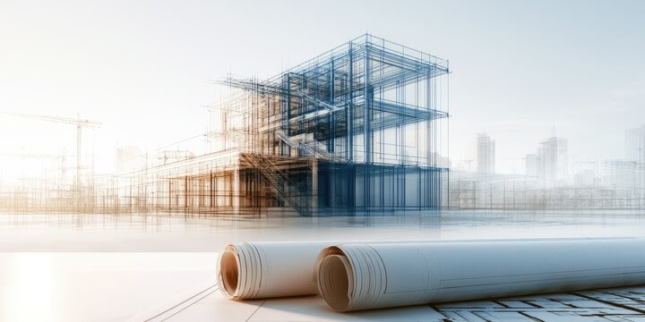 Architectural blueprint of a modern building structure under construction