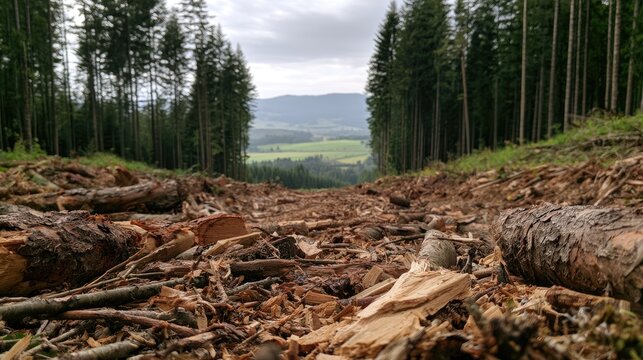 Clearcut forest landscape with felled trees and distant rolling hills