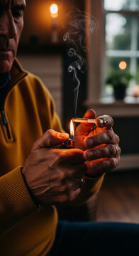 Close-up of a man lighting a cigarette with a lighter, smoke rising, creating a mood of contemplation, representing pause or reflection.