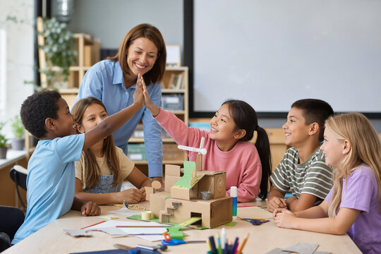 Engaging classroom scene with children collaborating on creative project and teacher supervising. Classroom features students building models with craft materials and exchanging high fives.