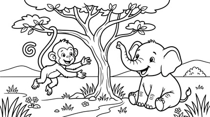 Fototapeta premium Happy elephant and monkey playing near tree coloring book illustration with elephant coloring wildlife friendship