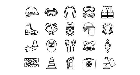 Fototapeta premium Workplace safety and personal protective equipment icon set with protection equipment industrial workplace earmuffs