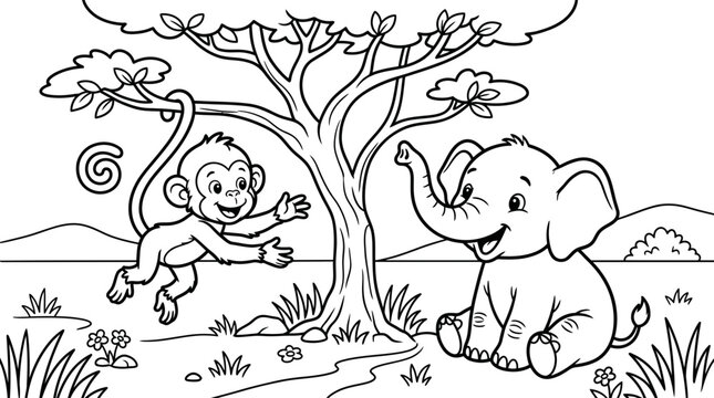Happy elephant and monkey playing near tree coloring book illustration with elephant coloring wildlife friendship