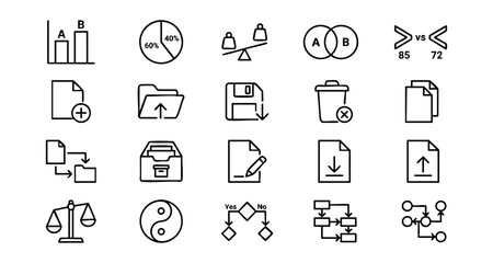 Fototapeta premium Data management and business analytics line icon set with business analysis management statistics document workflow