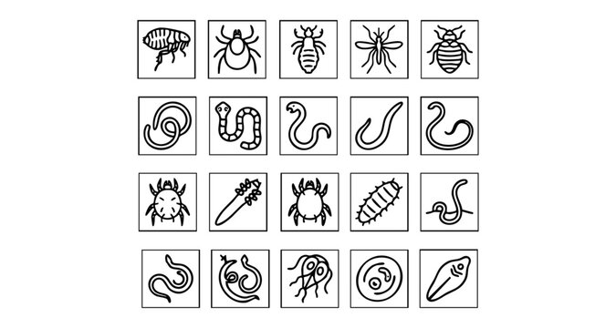 Parasites and microorganisms icon set for biology and healthcare with parasites microorganisms bacteria pathogens