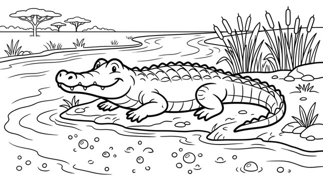 Coloring page illustration of a happy crocodile resting by a riverbank in the savannah with crocodile, alligator