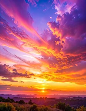 Vibrant sunset paints the sky with fiery hues over rolling hills.