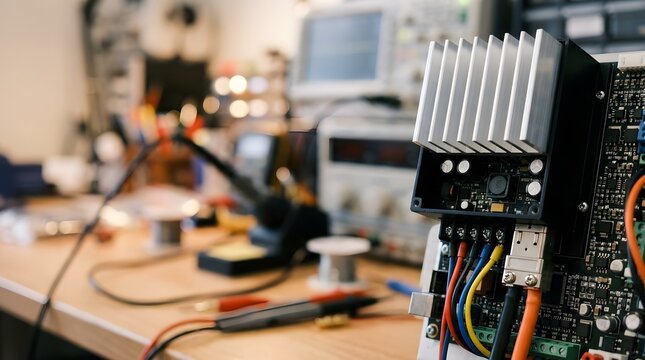 closeup of high efficiency dc dc converter module with aluminum heat sink for industrial power electronics and embedded system applications