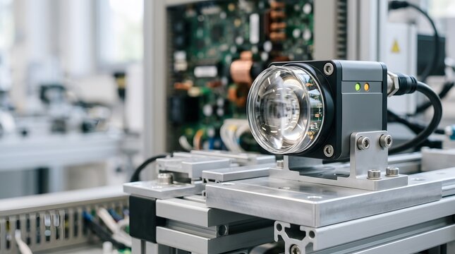 photoelectric industrial sensor with transparent optical lens mounted on precision automation equipment for factory detection and machine vision