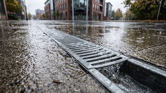 Rainwater Flowing into Street Drain During Urban Rainstorm