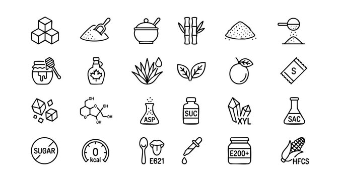 Sugar types and artificial sweetener outline icons set with sweetener ingredients granulated chemical additive