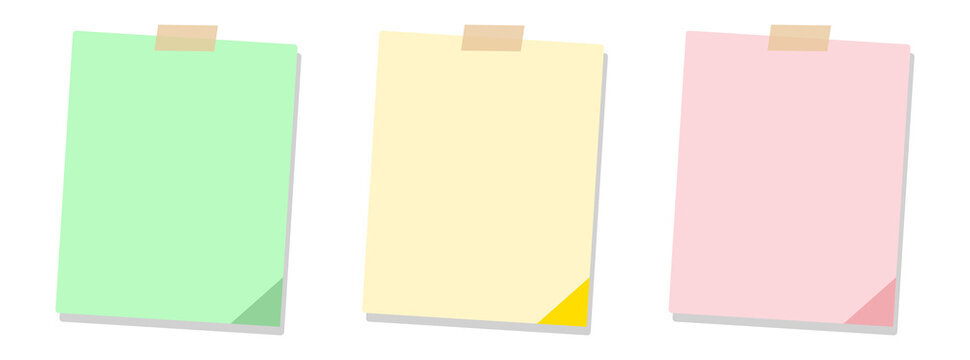 Three rectangular sticky notes with tape pastel colors transparent background