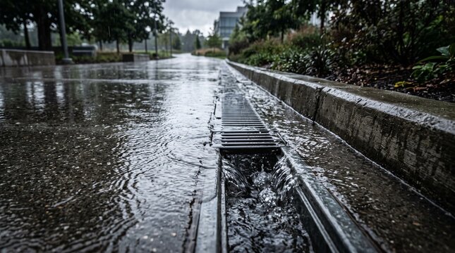 Floodwater Flowing into Storm Drain During Heavy Rain in City Street