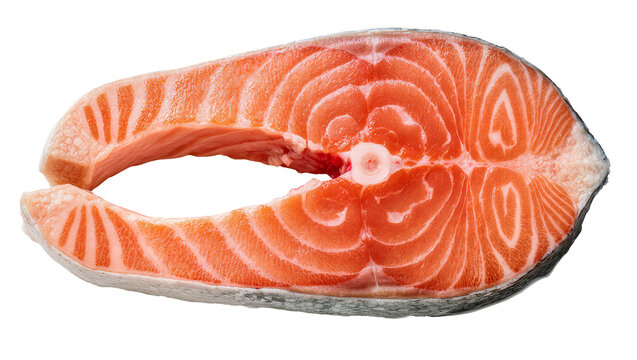Fresh raw salmon steak with visible fat marbling, isolated on transparent background