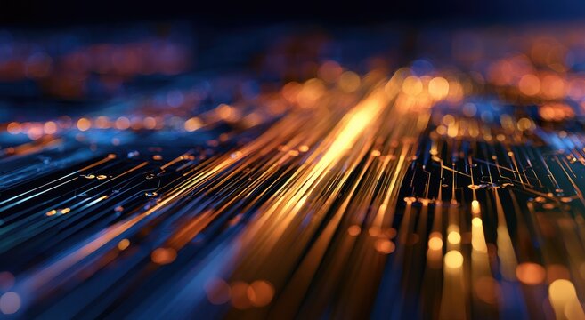 Abstract digital circuit board with glowing orange and blue light streams