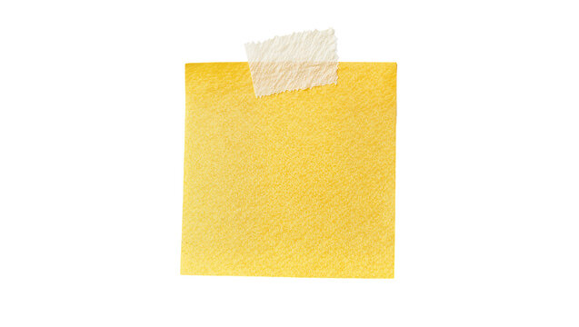 Yellow sticky note with textured surface taped with clear tape, isolated on transparent background