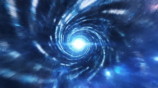 Swirling blue cosmic vortex and space travel effect.
