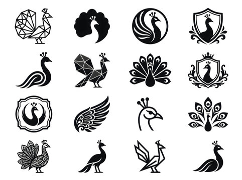 Set of black peacock silhouette icons representing various artistic styles including geometric and heraldic designs