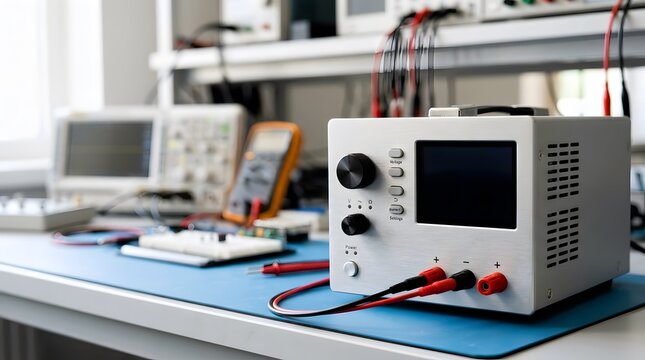 closeup of programmable laboratory dc power supply with blank display for electronics testing and precision bench power applications