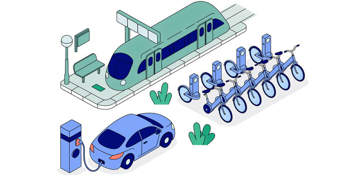 Sustainable Urban Transport Hub: An illustration depicts a modern transit station featuring a sleek train, electric car charging station, and a row of rental bicycles.