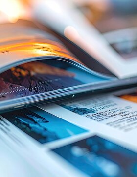 A close-up shot focuses on an open magazine with vibrant images and text.