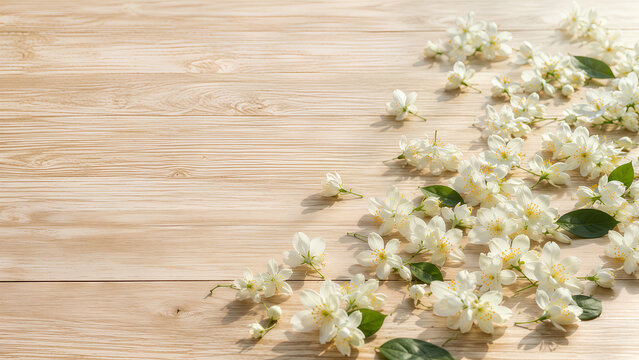 White jasmine flowers scattered on light wooden background with copy space