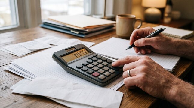 Person calculating finances with a calculator and notebook at a wooden desk